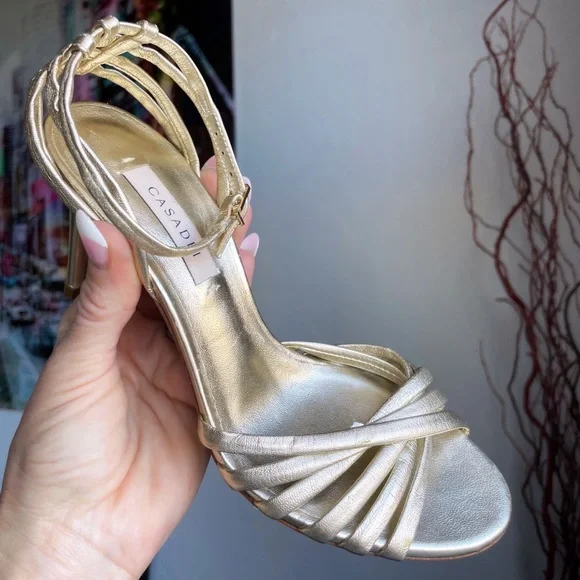 Casadei Gold Leather Strappy Woven Heeled Sandals - Picture 7 of 13